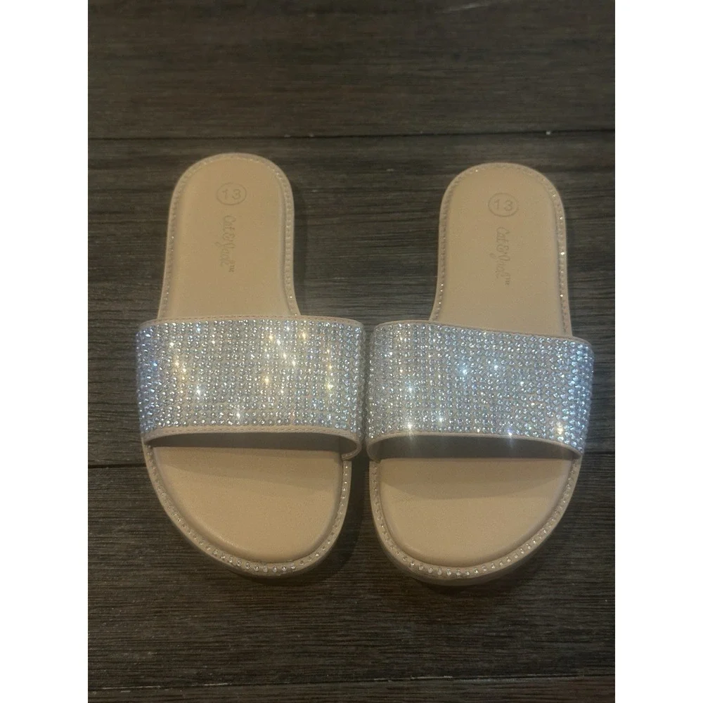 Cat & Jack Girls Rhinestone Slide Sandals size 13 princess girly sparkly glamour
